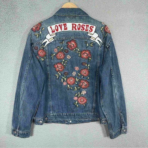 Zara Blue Denim Jacket with Red Floral Embroidery L - Picture 3 of 5
